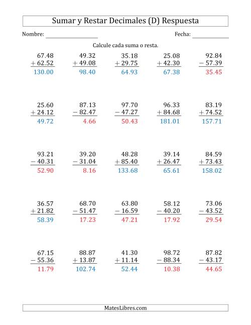La hoja de ejercicios de Sumar y Restar Centésimas con Dos Dígitos delante del Decimal (rango de 10.01 a 99.99) (D) Página 2