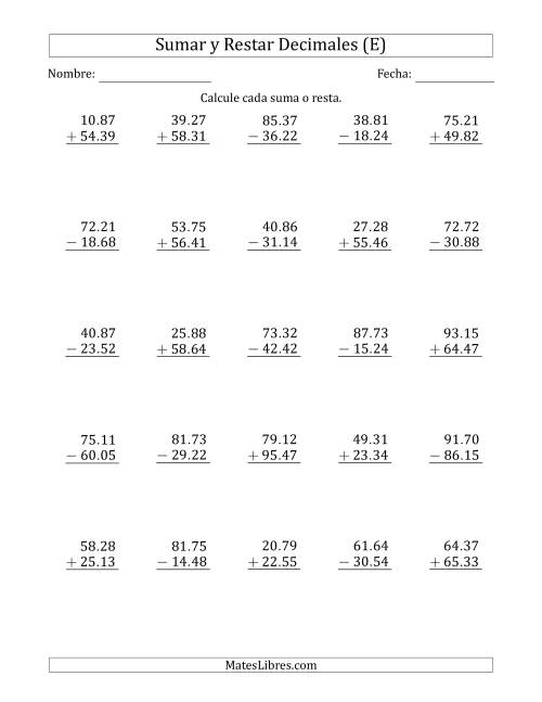 La hoja de ejercicios de Sumar y Restar Centésimas con Dos Dígitos delante del Decimal (rango de 10.01 a 99.99) (E)