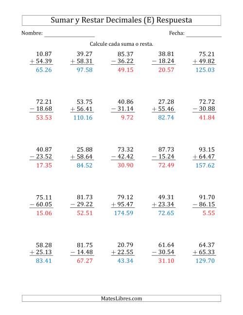 La hoja de ejercicios de Sumar y Restar Centésimas con Dos Dígitos delante del Decimal (rango de 10.01 a 99.99) (E) Página 2