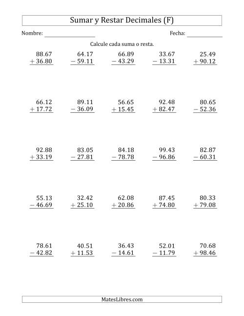 La hoja de ejercicios de Sumar y Restar Centésimas con Dos Dígitos delante del Decimal (rango de 10.01 a 99.99) (F)