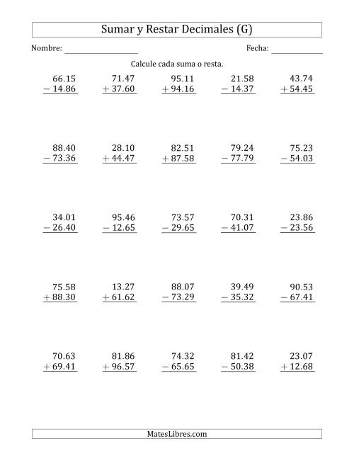 La hoja de ejercicios de Sumar y Restar Centésimas con Dos Dígitos delante del Decimal (rango de 10.01 a 99.99) (G)