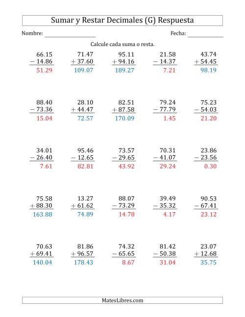 La hoja de ejercicios de Sumar y Restar Centésimas con Dos Dígitos delante del Decimal (rango de 10.01 a 99.99) (G) Página 2