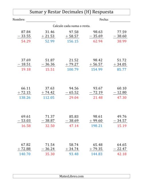 La hoja de ejercicios de Sumar y Restar Centésimas con Dos Dígitos delante del Decimal (rango de 10.01 a 99.99) (H) Página 2