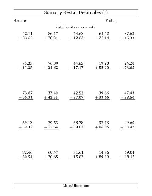 La hoja de ejercicios de Sumar y Restar Centésimas con Dos Dígitos delante del Decimal (rango de 10.01 a 99.99) (I)
