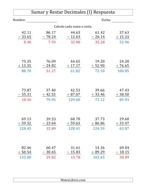 La hoja de ejercicios de Sumar y Restar Centésimas con Dos Dígitos delante del Decimal (rango de 10.01 a 99.99) (I) Página 2