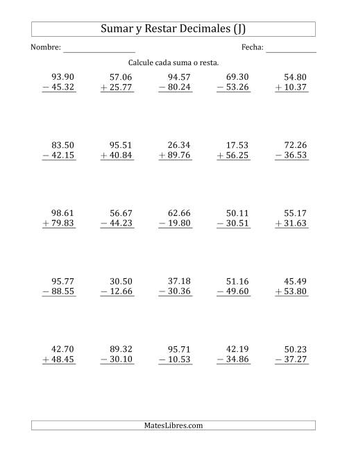 La hoja de ejercicios de Sumar y Restar Centésimas con Dos Dígitos delante del Decimal (rango de 10.01 a 99.99) (J)