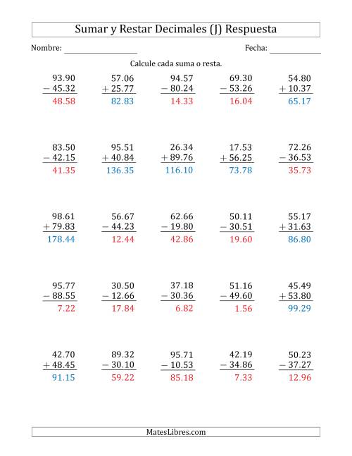 La hoja de ejercicios de Sumar y Restar Centésimas con Dos Dígitos delante del Decimal (rango de 10.01 a 99.99) (J) Página 2