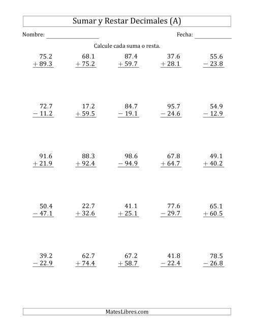 La hoja de ejercicios de Sumar y Restar Décimas con Dos Dígitos delante del Decimal (rango de 10.1 a 99.9) (A)