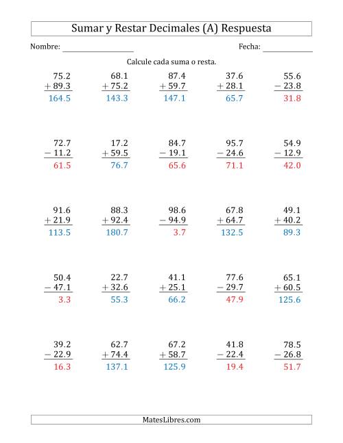 La hoja de ejercicios de Sumar y Restar Décimas con Dos Dígitos delante del Decimal (rango de 10.1 a 99.9) (A) Página 2