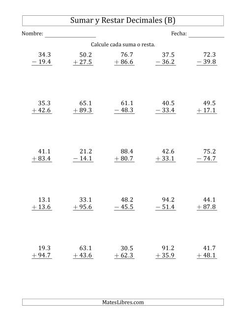 La hoja de ejercicios de Sumar y Restar Décimas con Dos Dígitos delante del Decimal (rango de 10.1 a 99.9) (B)
