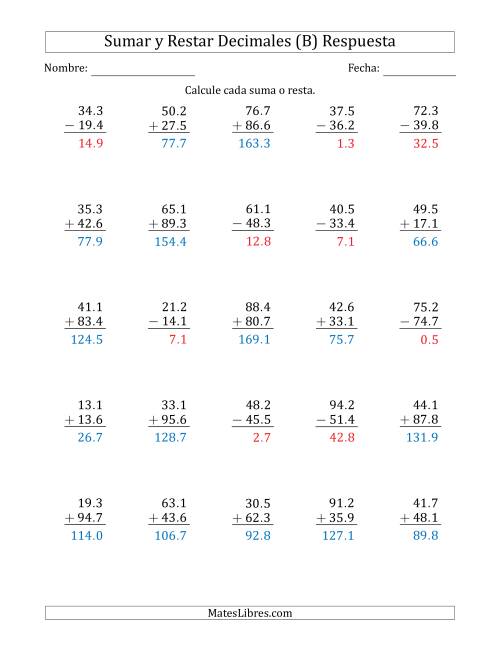 La hoja de ejercicios de Sumar y Restar Décimas con Dos Dígitos delante del Decimal (rango de 10.1 a 99.9) (B) Página 2