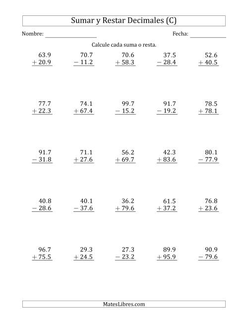 La hoja de ejercicios de Sumar y Restar Décimas con Dos Dígitos delante del Decimal (rango de 10.1 a 99.9) (C)