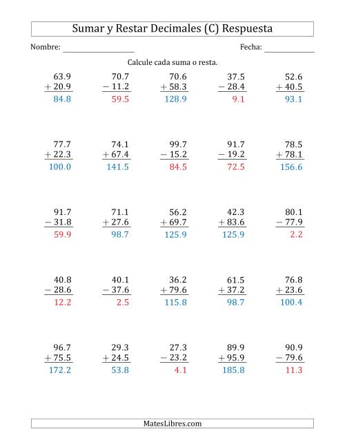 La hoja de ejercicios de Sumar y Restar Décimas con Dos Dígitos delante del Decimal (rango de 10.1 a 99.9) (C) Página 2