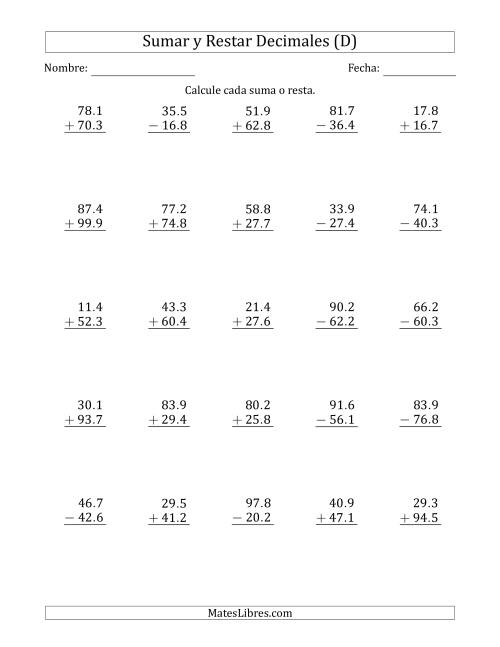La hoja de ejercicios de Sumar y Restar Décimas con Dos Dígitos delante del Decimal (rango de 10.1 a 99.9) (D)