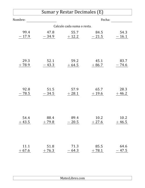 La hoja de ejercicios de Sumar y Restar Décimas con Dos Dígitos delante del Decimal (rango de 10.1 a 99.9) (E)