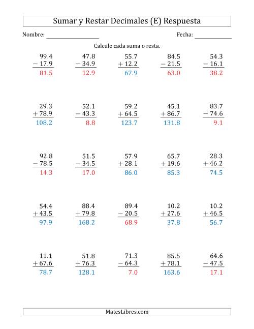 La hoja de ejercicios de Sumar y Restar Décimas con Dos Dígitos delante del Decimal (rango de 10.1 a 99.9) (E) Página 2