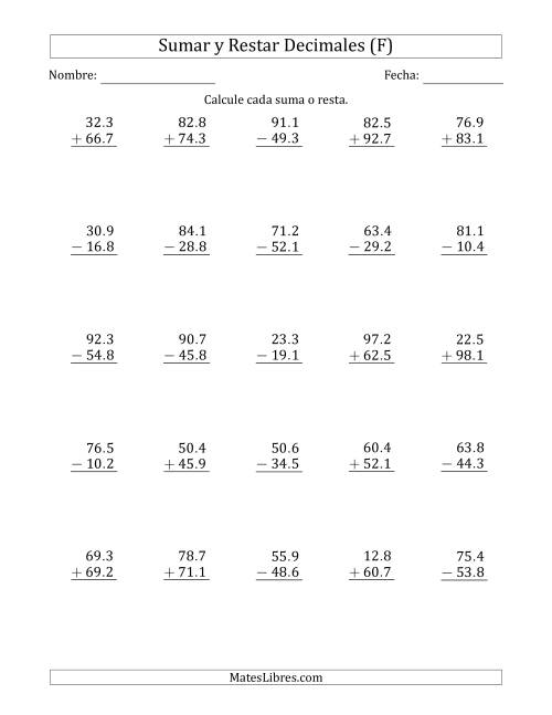 La hoja de ejercicios de Sumar y Restar Décimas con Dos Dígitos delante del Decimal (rango de 10.1 a 99.9) (F)