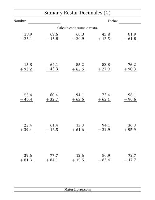 La hoja de ejercicios de Sumar y Restar Décimas con Dos Dígitos delante del Decimal (rango de 10.1 a 99.9) (G)