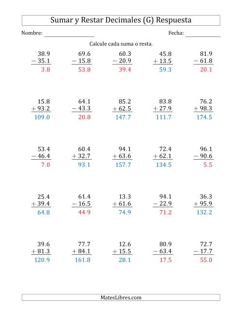La hoja de ejercicios de Sumar y Restar Décimas con Dos Dígitos delante del Decimal (rango de 10.1 a 99.9) (G) Página 2