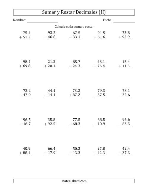 La hoja de ejercicios de Sumar y Restar Décimas con Dos Dígitos delante del Decimal (rango de 10.1 a 99.9) (H)
