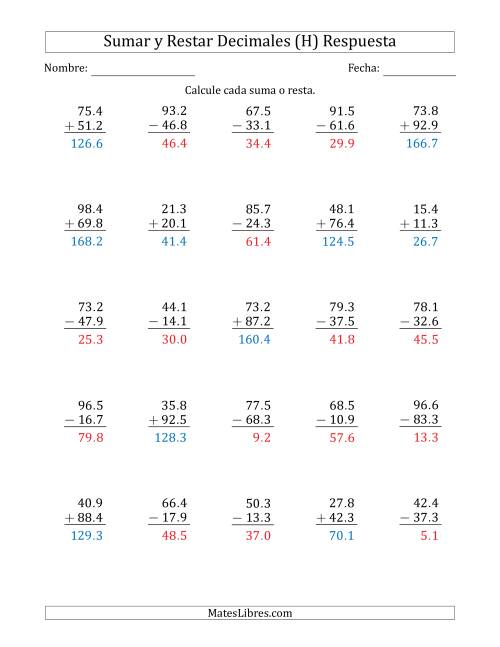 La hoja de ejercicios de Sumar y Restar Décimas con Dos Dígitos delante del Decimal (rango de 10.1 a 99.9) (H) Página 2