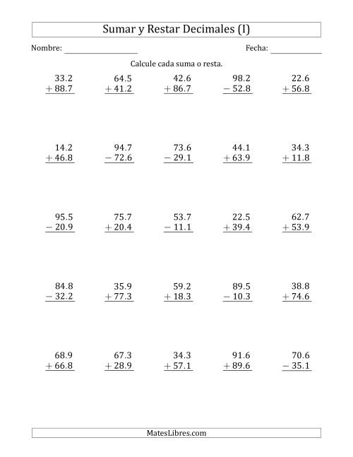 La hoja de ejercicios de Sumar y Restar Décimas con Dos Dígitos delante del Decimal (rango de 10.1 a 99.9) (I)