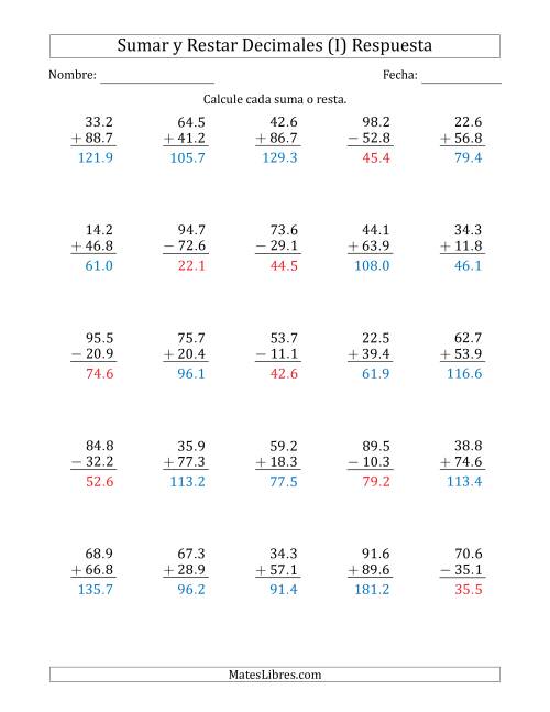 La hoja de ejercicios de Sumar y Restar Décimas con Dos Dígitos delante del Decimal (rango de 10.1 a 99.9) (I) Página 2