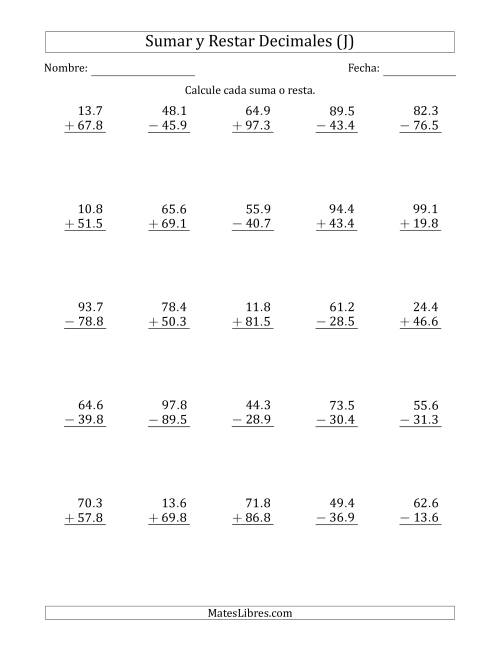 La hoja de ejercicios de Sumar y Restar Décimas con Dos Dígitos delante del Decimal (rango de 10.1 a 99.9) (J)