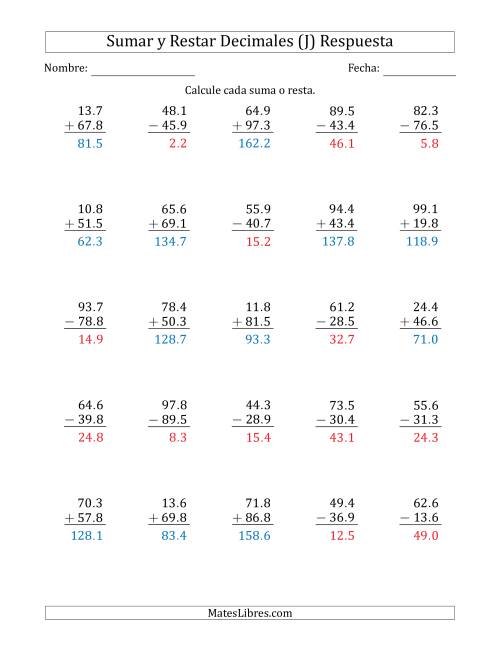 La hoja de ejercicios de Sumar y Restar Décimas con Dos Dígitos delante del Decimal (rango de 10.1 a 99.9) (J) Página 2