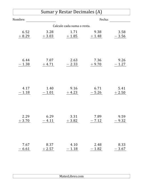 La hoja de ejercicios de Sumar y Restar Centésimas con Un Dígito delante del Decimal (rango de 1.01 a 9.99) (A)