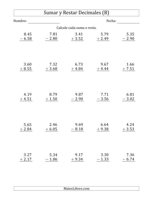 La hoja de ejercicios de Sumar y Restar Centésimas con Un Dígito delante del Decimal (rango de 1.01 a 9.99) (B)