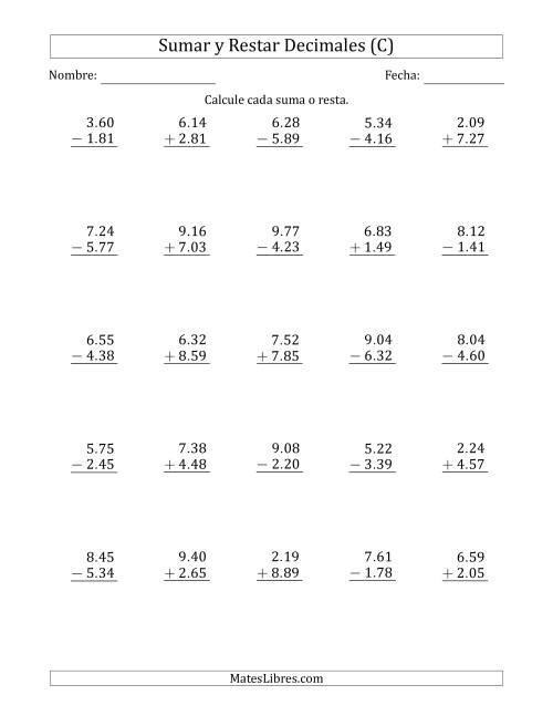 La hoja de ejercicios de Sumar y Restar Centésimas con Un Dígito delante del Decimal (rango de 1.01 a 9.99) (C)