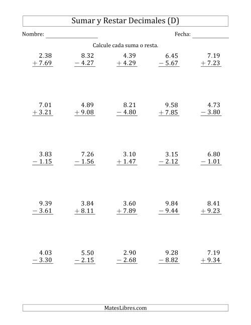 La hoja de ejercicios de Sumar y Restar Centésimas con Un Dígito delante del Decimal (rango de 1.01 a 9.99) (D)