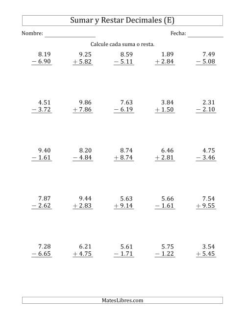 La hoja de ejercicios de Sumar y Restar Centésimas con Un Dígito delante del Decimal (rango de 1.01 a 9.99) (E)