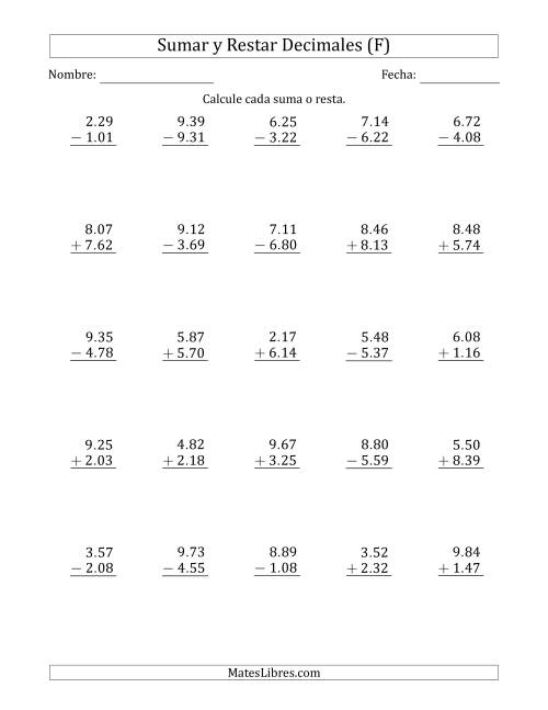 La hoja de ejercicios de Sumar y Restar Centésimas con Un Dígito delante del Decimal (rango de 1.01 a 9.99) (F)