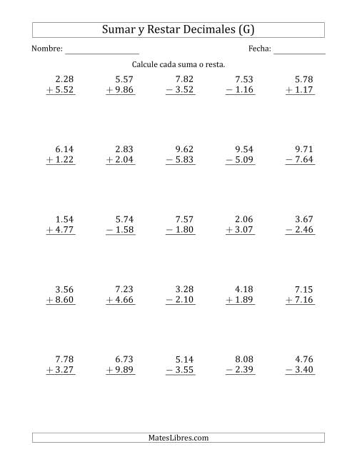 La hoja de ejercicios de Sumar y Restar Centésimas con Un Dígito delante del Decimal (rango de 1.01 a 9.99) (G)