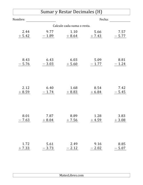 La hoja de ejercicios de Sumar y Restar Centésimas con Un Dígito delante del Decimal (rango de 1.01 a 9.99) (H)