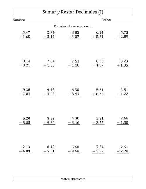 La hoja de ejercicios de Sumar y Restar Centésimas con Un Dígito delante del Decimal (rango de 1.01 a 9.99) (I)