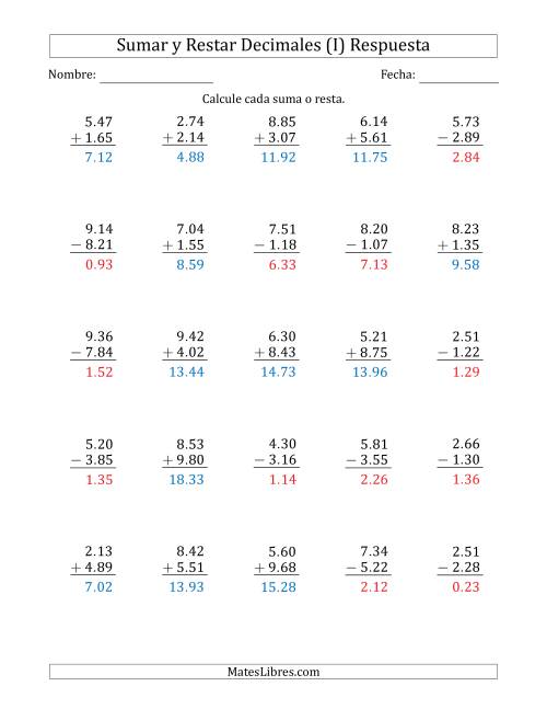 La hoja de ejercicios de Sumar y Restar Centésimas con Un Dígito delante del Decimal (rango de 1.01 a 9.99) (I) Página 2