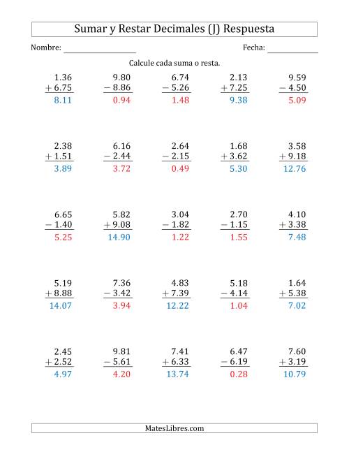 La hoja de ejercicios de Sumar y Restar Centésimas con Un Dígito delante del Decimal (rango de 1.01 a 9.99) (J) Página 2