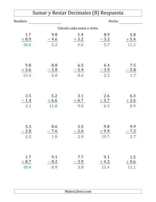 La hoja de ejercicios de Sumar y Restar Décimas con Un Dígito delante del Decimal (rango de 1.1 a 9.9) (B) Página 2