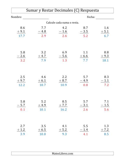 La hoja de ejercicios de Sumar y Restar Décimas con Un Dígito delante del Decimal (rango de 1.1 a 9.9) (C) Página 2