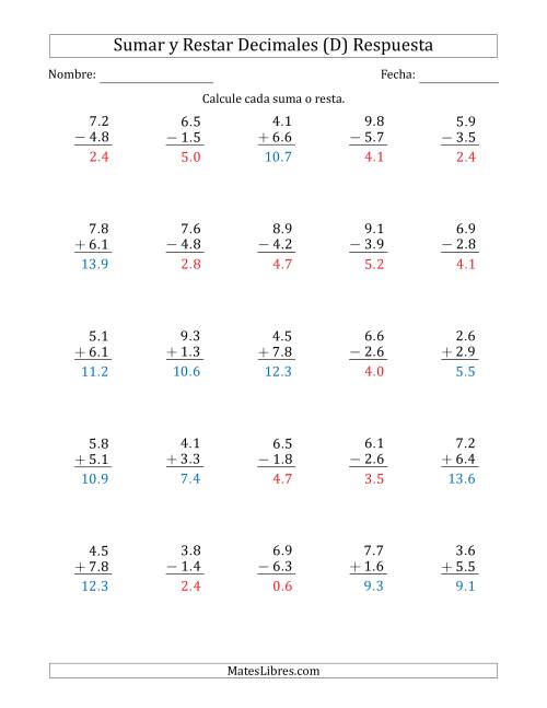 La hoja de ejercicios de Sumar y Restar Décimas con Un Dígito delante del Decimal (rango de 1.1 a 9.9) (D) Página 2