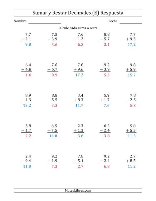 La hoja de ejercicios de Sumar y Restar Décimas con Un Dígito delante del Decimal (rango de 1.1 a 9.9) (E) Página 2