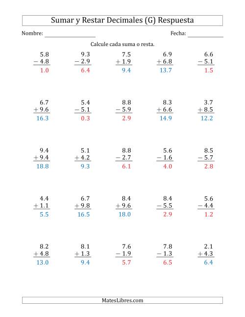La hoja de ejercicios de Sumar y Restar Décimas con Un Dígito delante del Decimal (rango de 1.1 a 9.9) (G) Página 2