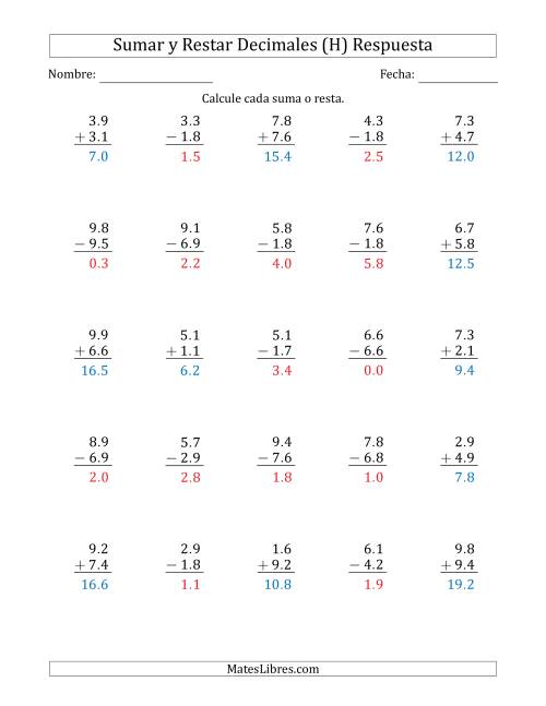 La hoja de ejercicios de Sumar y Restar Décimas con Un Dígito delante del Decimal (rango de 1.1 a 9.9) (H) Página 2