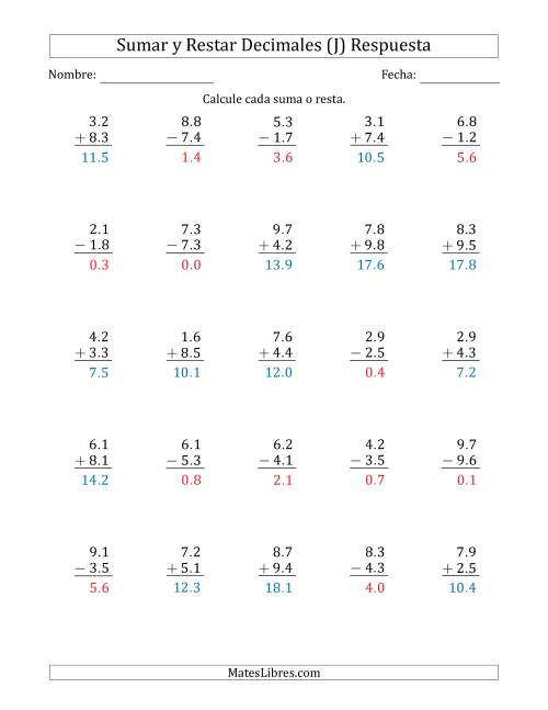 La hoja de ejercicios de Sumar y Restar Décimas con Un Dígito delante del Decimal (rango de 1.1 a 9.9) (J) Página 2