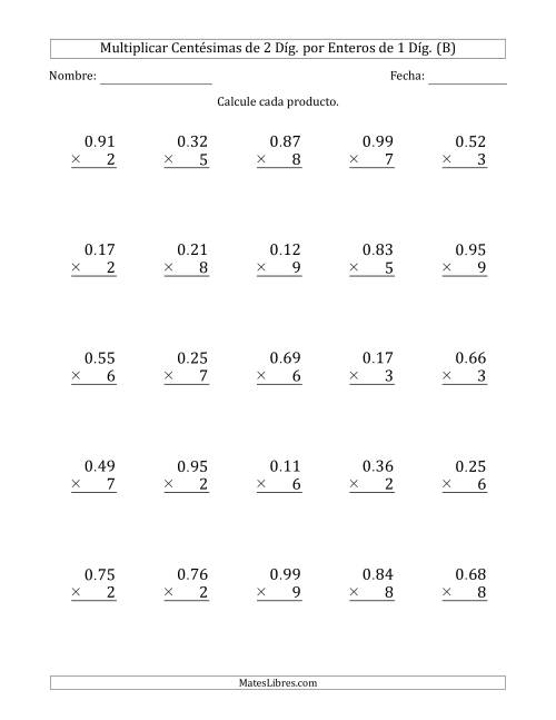 La hoja de ejercicios de Multiplicar Centésimas de 2 Díg. por Enteros de 1 Díg. (B)