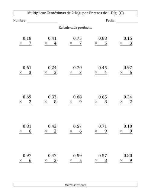 La hoja de ejercicios de Multiplicar Centésimas de 2 Díg. por Enteros de 1 Díg. (C)
