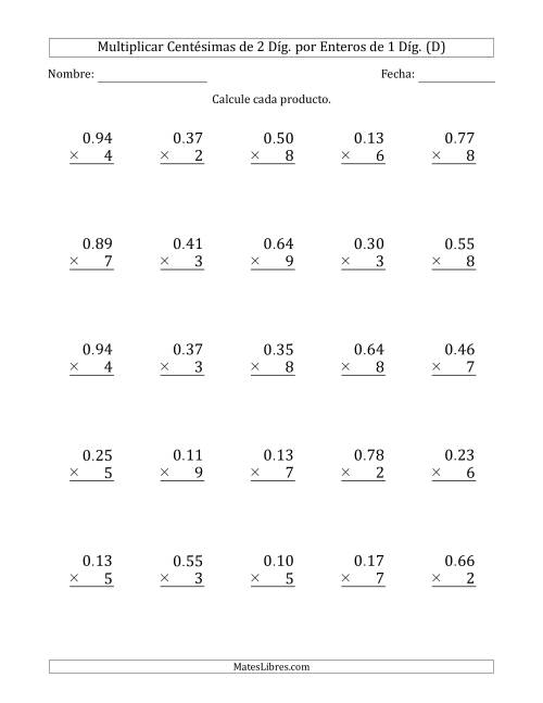 La hoja de ejercicios de Multiplicar Centésimas de 2 Díg. por Enteros de 1 Díg. (D)